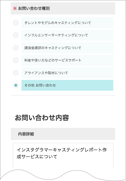 お問い合わせの際は「その他お問い合わせ」を選択して【インスタグラマーキャスティングレポート作成サービス】と記載して頂くとスムーズです。